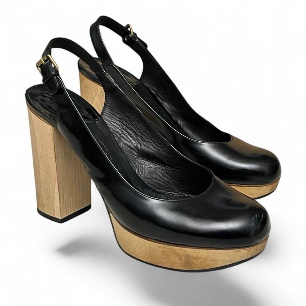 Chloe Black Leather Slingback Platform Pump Wood Block Heel Italy EU 37 US 7